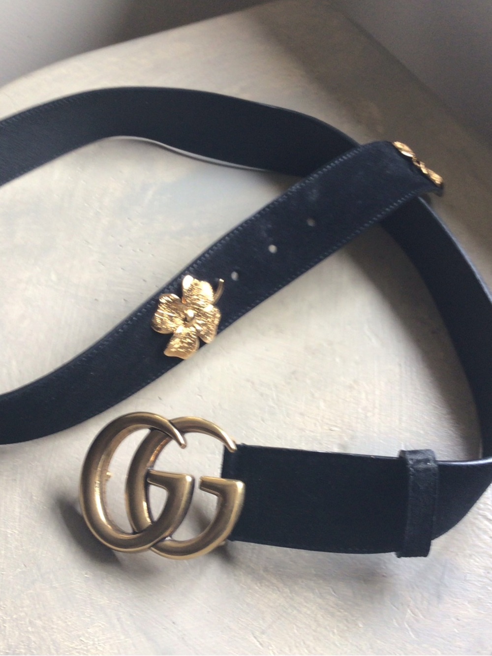 Gucci Black suede Belt with Gold Double G and Floral Accent